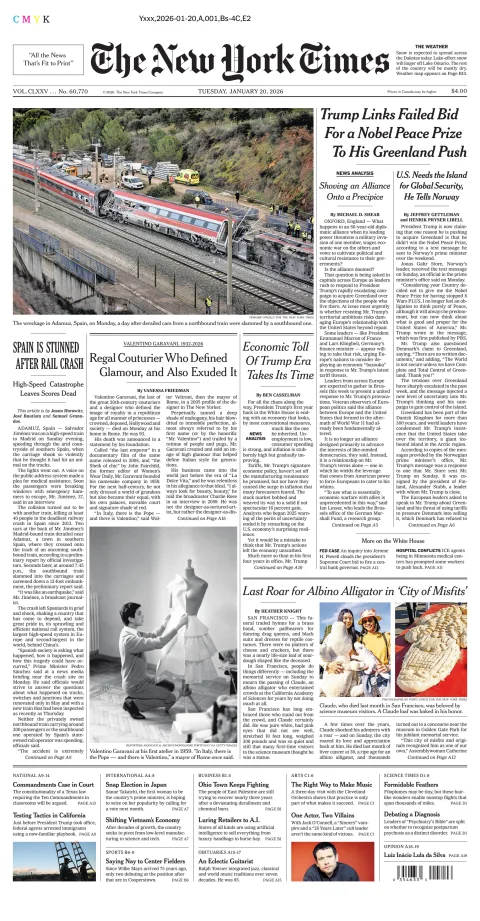 Portada de The New York Times (national) del martes, 20 de enero de 2026