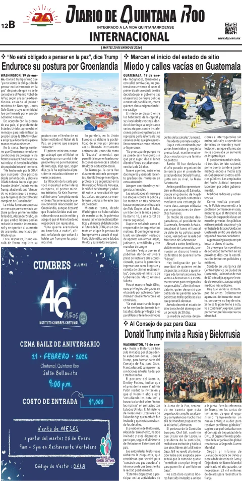 Portada de Diario de Quintana Roo (contra Portada) del martes, 20 de enero de 2026