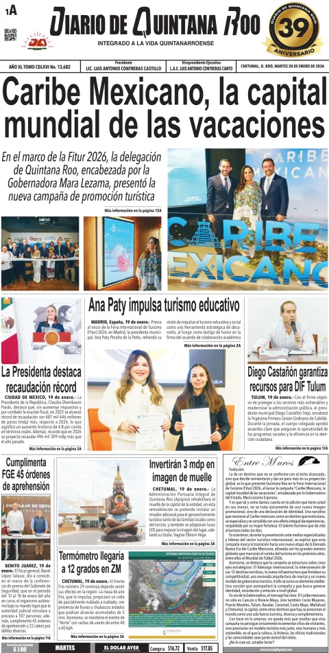 Portada de Diario de Quintana Roo (portada) del martes, 20 de enero de 2026