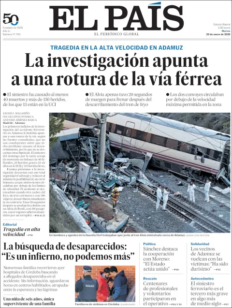 Portada de El Pais del martes, 20 de enero de 2026
