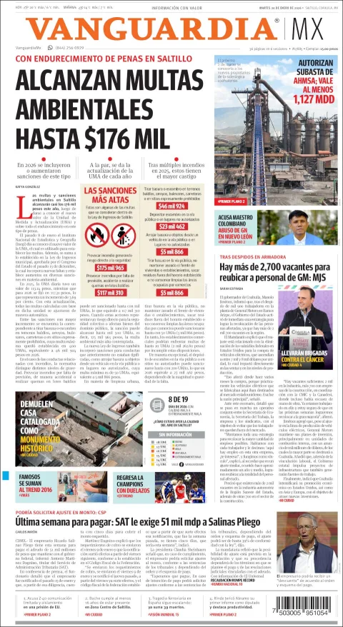 Portada de Vanguardia del martes, 20 de enero de 2026