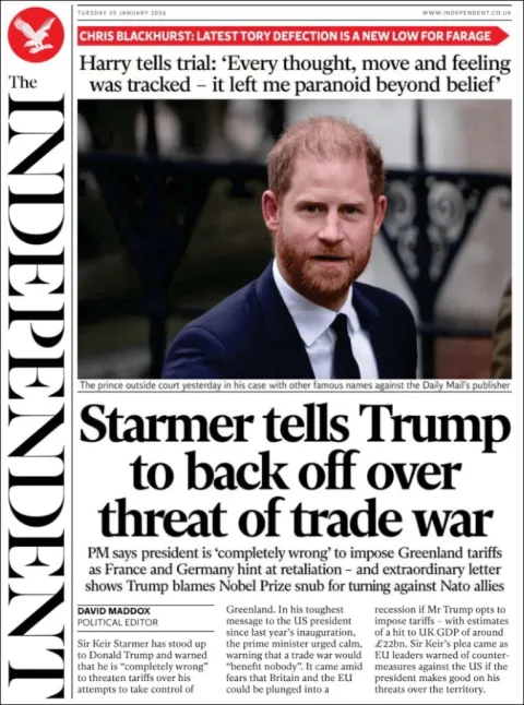 Portada de The Independent del martes, 20 de enero de 2026