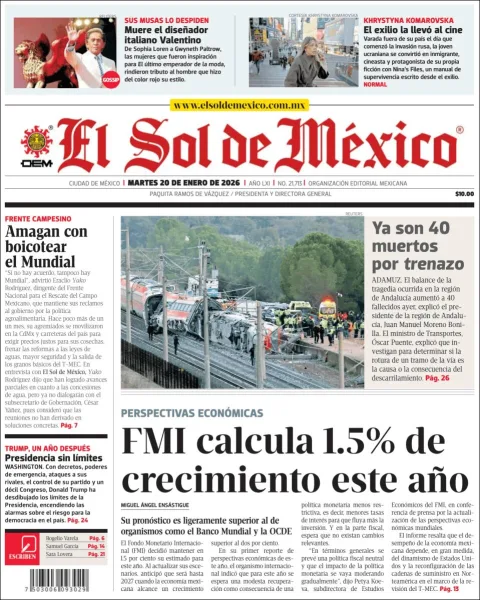 Portada de El Sol de Mexico del martes, 20 de enero de 2026
