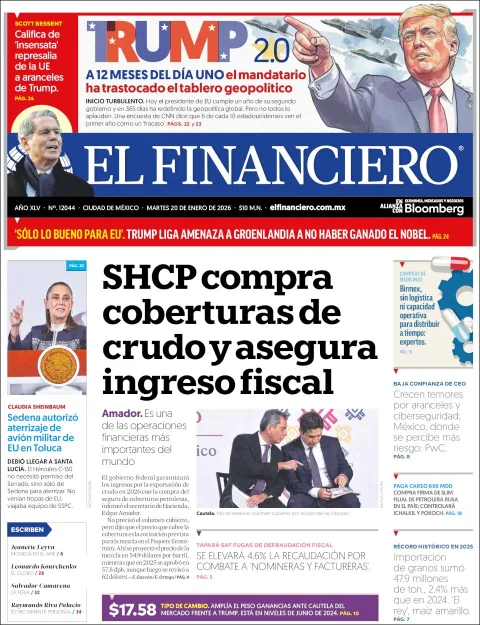 Portada de El Financiero del martes, 20 de enero de 2026