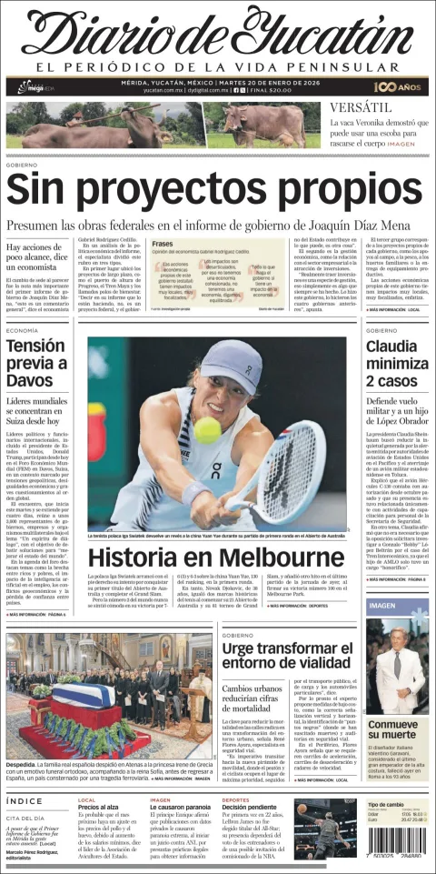 Portada de Diario de Yucatán del martes, 20 de enero de 2026