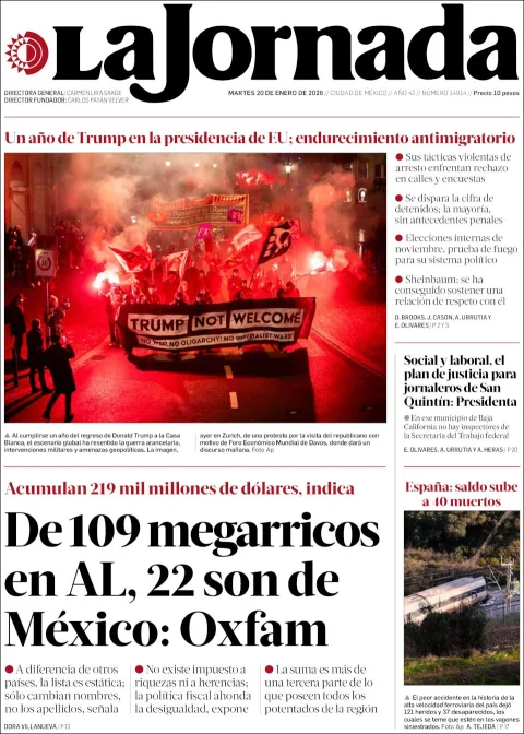 Portada de La Jornada del martes, 20 de enero de 2026
