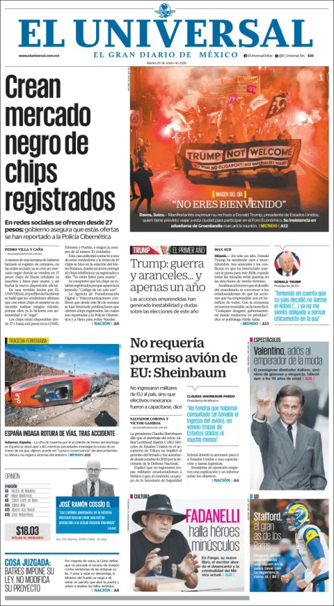 Portada de El Universal del martes, 20 de enero de 2026