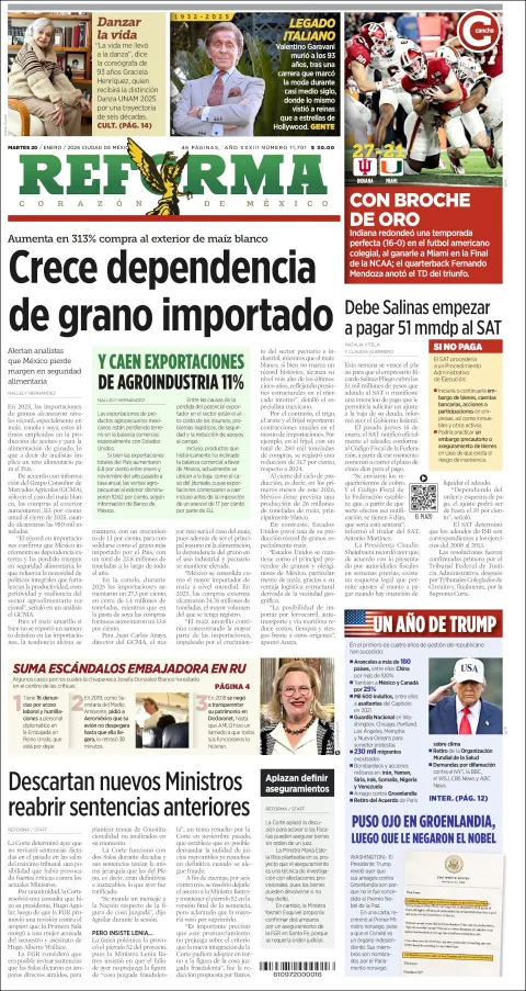 Portada de Reforma del martes, 20 de enero de 2026