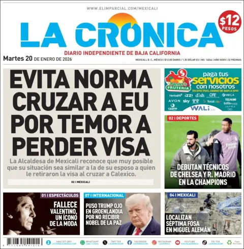 Portada de La Cronica del martes, 20 de enero de 2026
