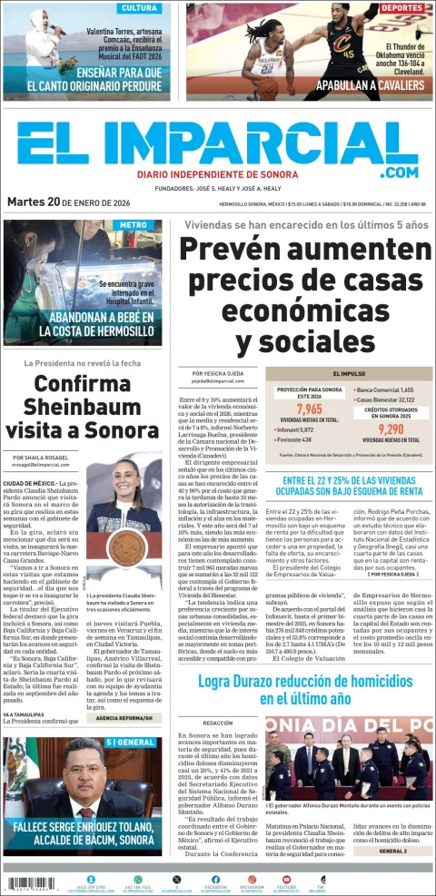Portada de El Imparcial del martes, 20 de enero de 2026