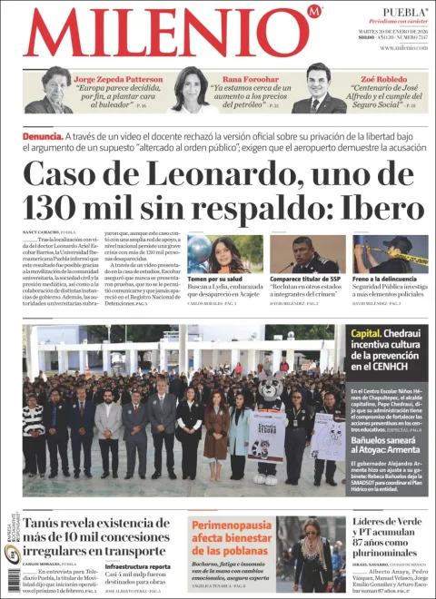 Portada de Milenio Puebla del martes, 20 de enero de 2026
