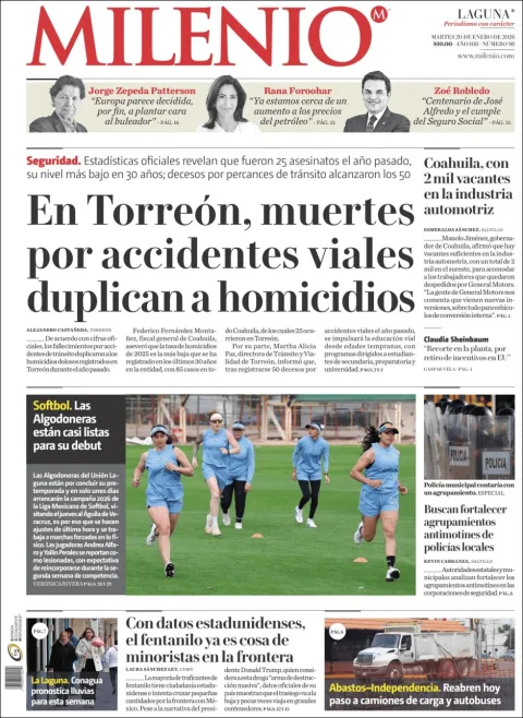 Portada de Milenio Laguna del martes, 20 de enero de 2026