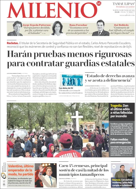 Portada de Milenio Tamaulipas del martes, 20 de enero de 2026