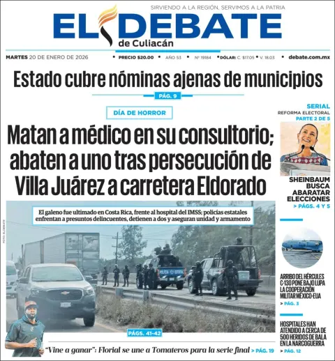 Portada de El Debate de Culiacan del martes, 20 de enero de 2026