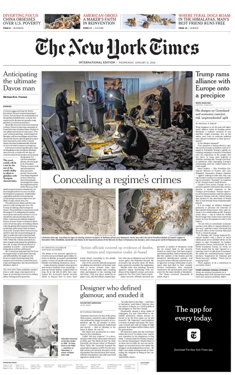 Portada de The New York Times (international) del miércoles, 21 de enero de 2026