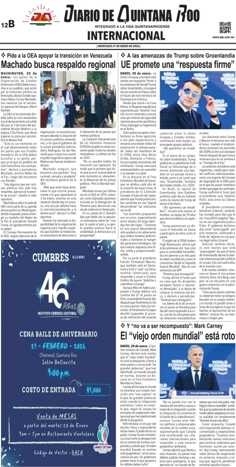 Portada de Diario de Quintana Roo (contra Portada) del martes, 27 de enero de 2026