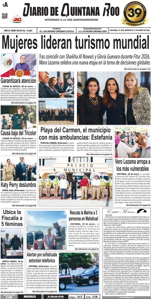 Portada de Diario de Quintana Roo (portada) del miércoles, 21 de enero de 2026
