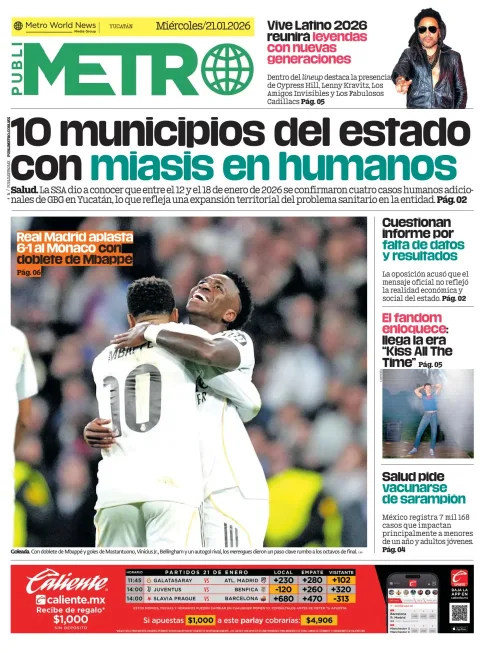Portada de Publimetro Merida del miércoles, 21 de enero de 2026