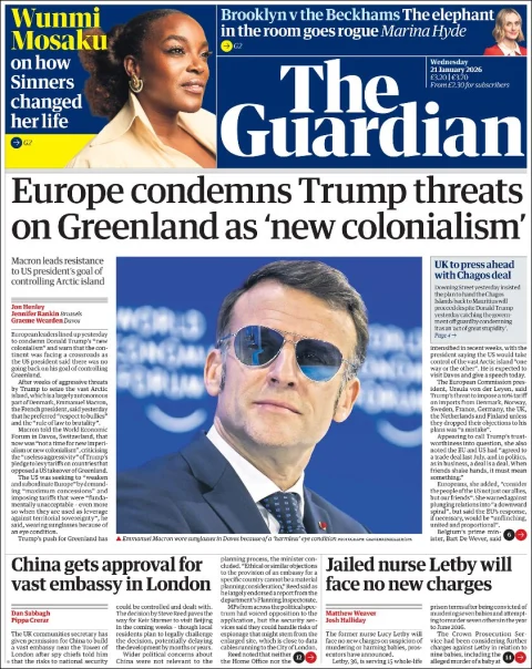 Portada de The Guardian (reino Unido) del miércoles, 21 de enero de 2026