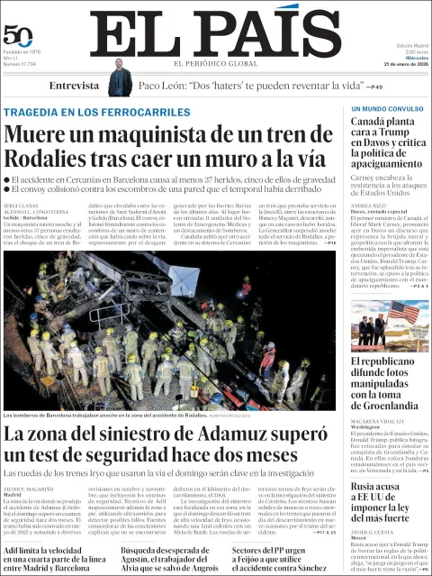 Portada de El Pais del miércoles, 21 de enero de 2026