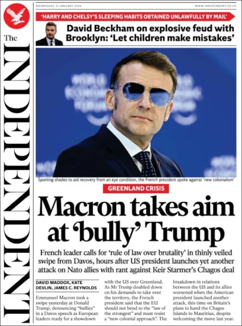 Portada de The Independent del miércoles, 21 de enero de 2026
