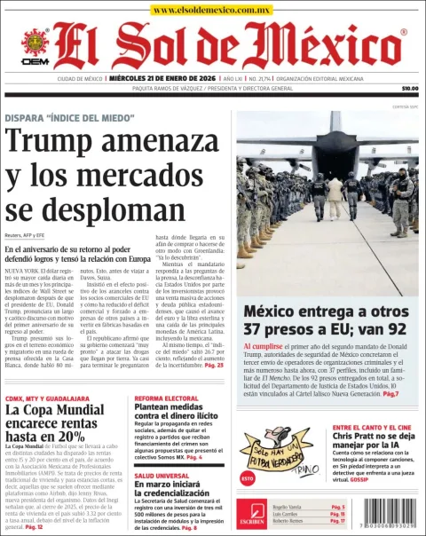 Portada de El Sol de Mexico del miércoles, 21 de enero de 2026