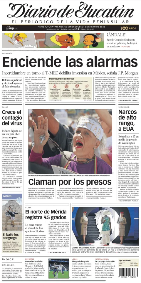 Portada de Diario de Yucatán del miércoles, 21 de enero de 2026