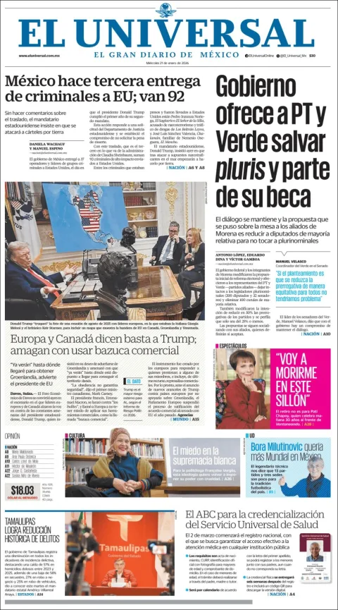 Portada de El Universal del miércoles, 21 de enero de 2026