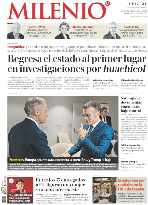 Portada de Milenio Hidalgo del miércoles, 21 de enero de 2026