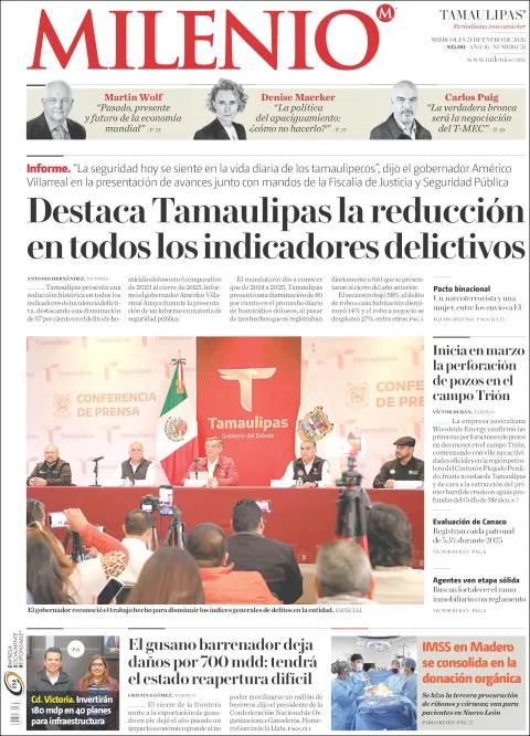 Portada de Milenio Tamaulipas del miércoles, 21 de enero de 2026