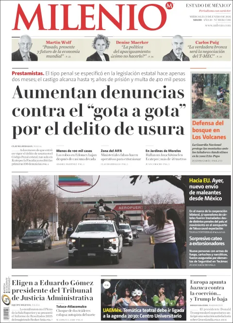 Portada de Milenio Edo de Mexico del miércoles, 21 de enero de 2026