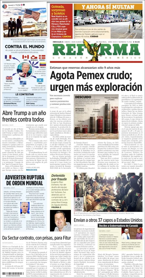 Portada de Reforma del miércoles, 21 de enero de 2026