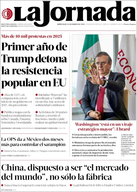 Portada de La Jornada del miércoles, 21 de enero de 2026