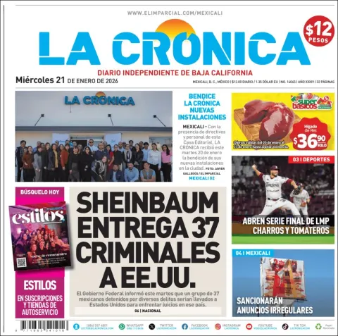 Portada de La Cronica del miércoles, 21 de enero de 2026