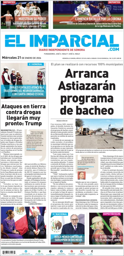 Portada de El Imparcial del miércoles, 21 de enero de 2026