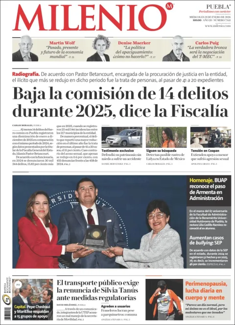 Portada de Milenio Puebla del miércoles, 21 de enero de 2026