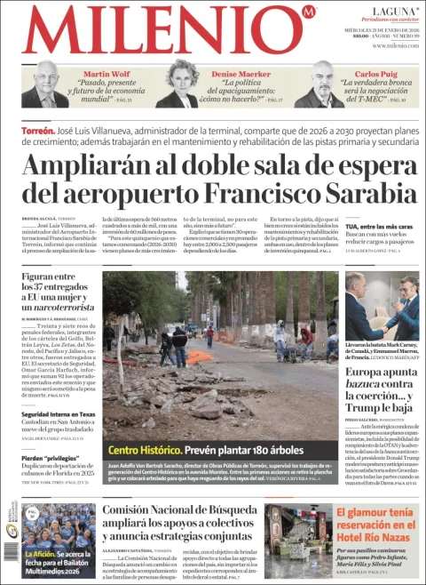 Portada de Milenio Laguna del miércoles, 21 de enero de 2026