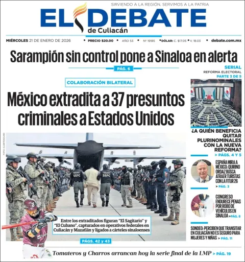 Portada de El Debate de Culiacan del miércoles, 21 de enero de 2026