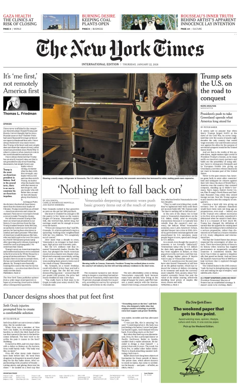 Portada de The New York Times (international) del jueves, 22 de enero de 2026
