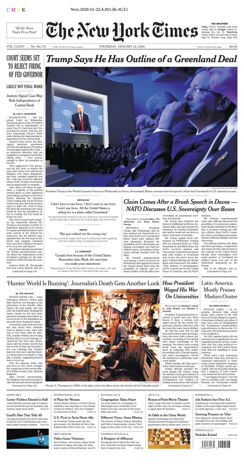 Portada de The New York Times (new York) del jueves, 22 de enero de 2026