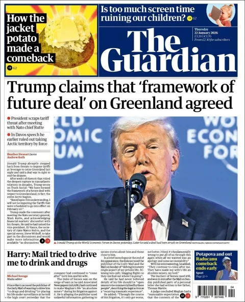 Portada de The Guardian (reino Unido) del jueves, 22 de enero de 2026