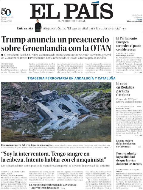 Portada de El Pais del jueves, 22 de enero de 2026
