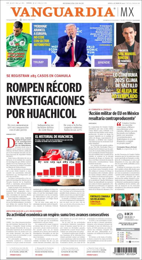 Portada de Vanguardia del jueves, 22 de enero de 2026