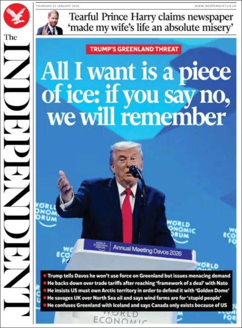 Portada de The Independent del jueves, 22 de enero de 2026