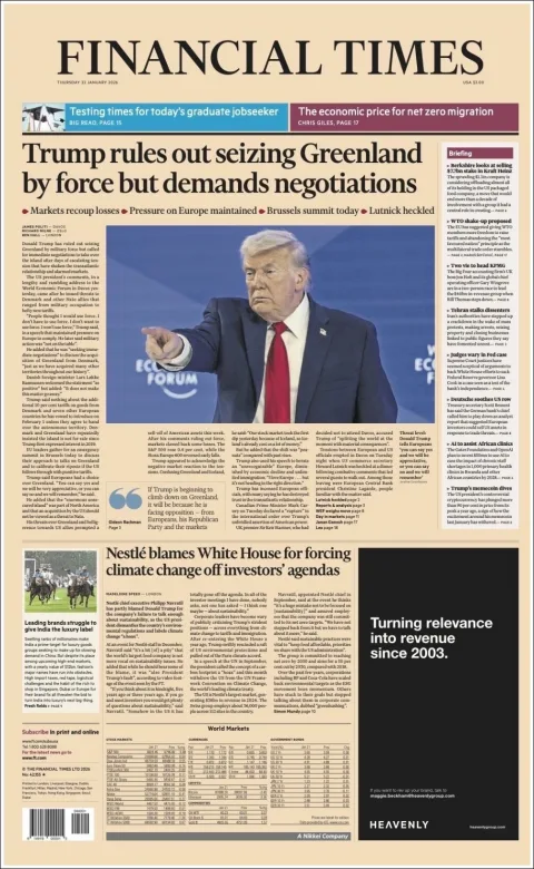 Portada de Financial Times del jueves, 22 de enero de 2026