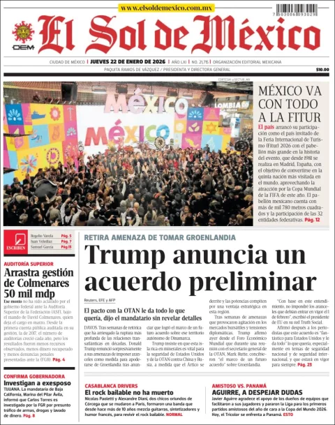 Portada de El Sol de Mexico del jueves, 22 de enero de 2026