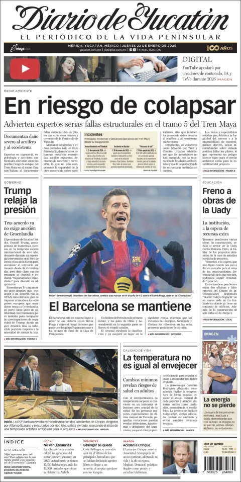 Portada de Diario de Yucatán del jueves, 22 de enero de 2026