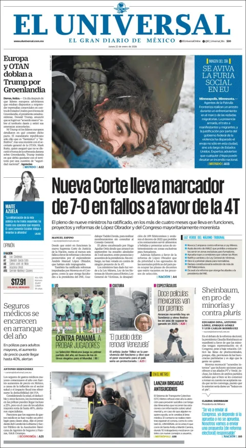 Portada de El Universal del jueves, 22 de enero de 2026