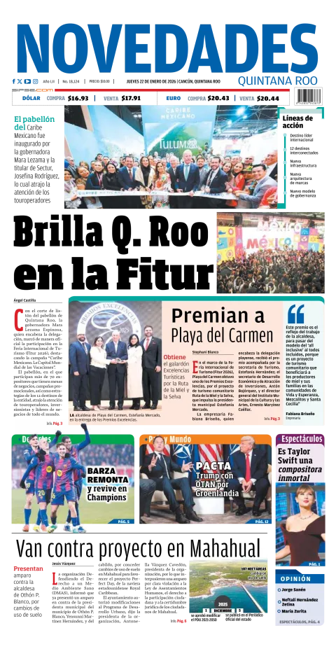 Portada de Novedades Quintana Roo del jueves, 22 de enero de 2026
