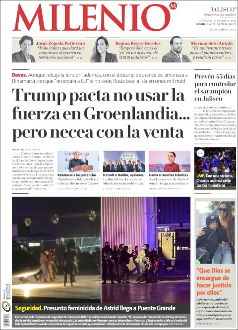 Portada de Milenio Jalisco del jueves, 22 de enero de 2026
